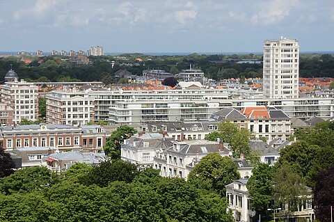 Uitzicht over Den Haag met op de voorgrond bomen en daarachter gebouwen van diverse hoogten.