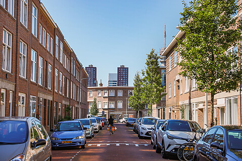 Straat met woningen en auto's geparkeerd langs de weg.