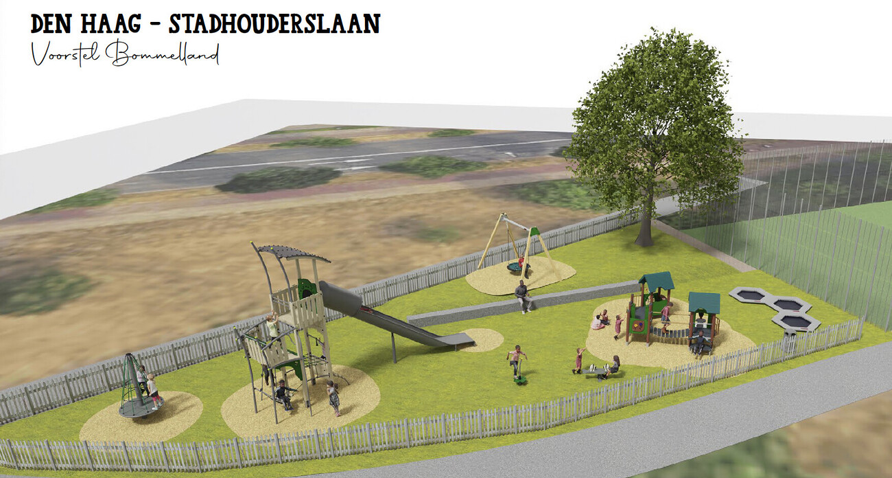 Ontwerp van een speeltuin met een glijbaan, schommel, trampolines en huisjes