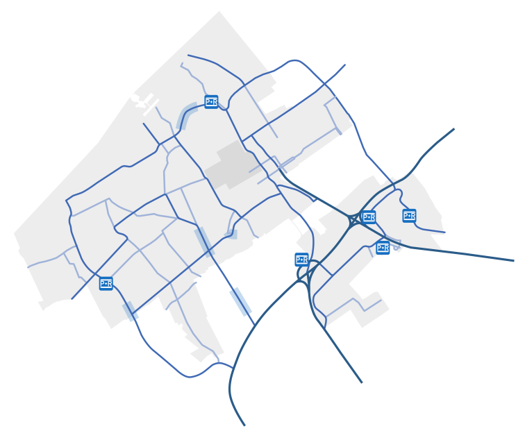 Kaart van Den Haag met autonetwerk en P&R-parkeerplaatsen